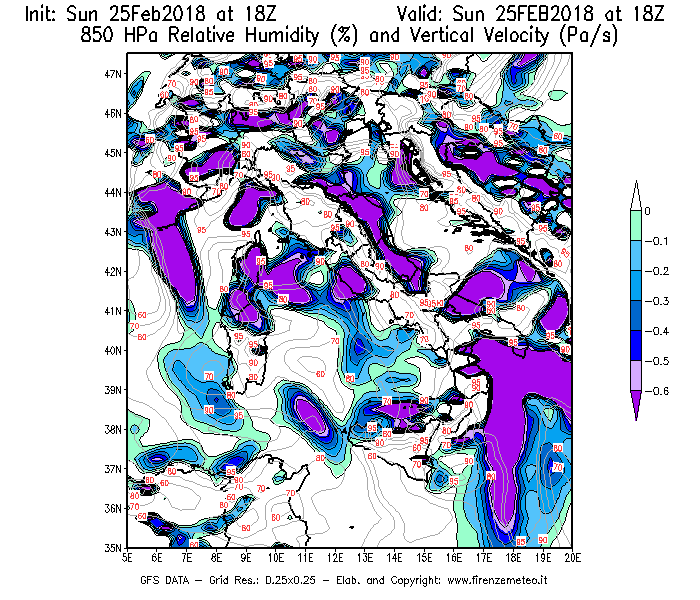 Mappa di analisi GFS - Umidità relativa [%] e Omega [Pa/s] a 850 hPa in Italia
									del 25/02/2018 18 <!--googleoff: index-->UTC<!--googleon: index-->