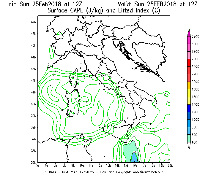 Mappa di analisi GFS - CAPE [J/kg] e Lifted Index [°C] in Italia
									del 25/02/2018 12 <!--googleoff: index-->UTC<!--googleon: index-->