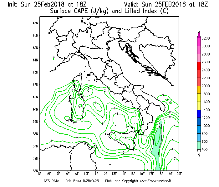 Mappa di analisi GFS - CAPE [J/kg] e Lifted Index [°C] in Italia
									del 25/02/2018 18 <!--googleoff: index-->UTC<!--googleon: index-->