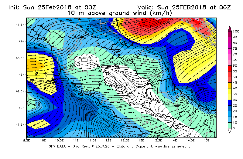 Mappa di analisi GFS - Velocità del vento a 10 metri dal suolo [km/h] in Centro-Italia
									del 25/02/2018 00 <!--googleoff: index-->UTC<!--googleon: index-->