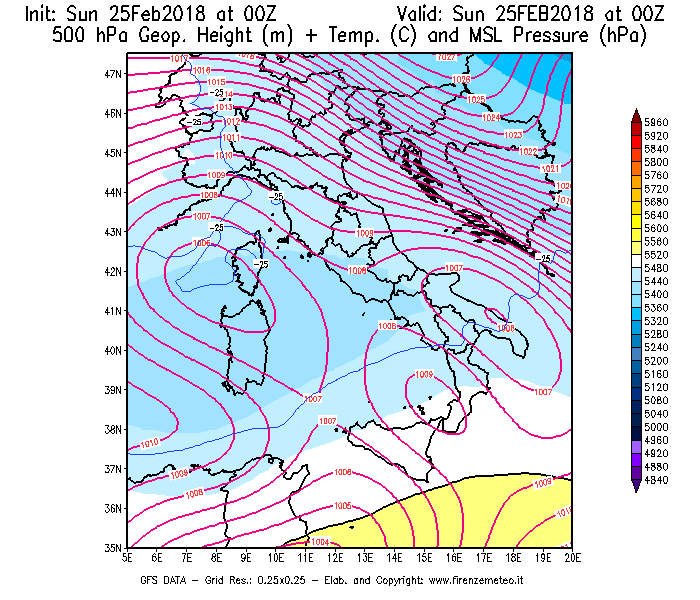 Mappa di analisi GFS - Geopotenziale [m] + Temp. [°C] a 500 hPa + Press. a livello del mare [hPa] in Italia
									del 25/02/2018 00 <!--googleoff: index-->UTC<!--googleon: index-->