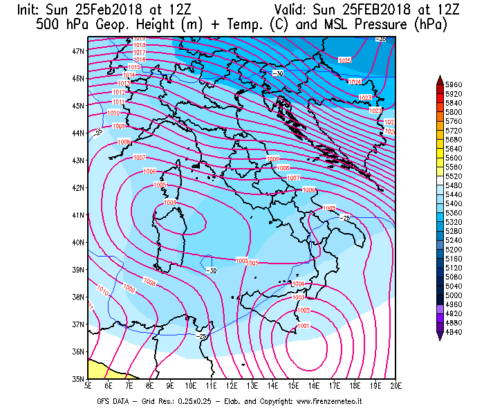 Mappa di analisi GFS - Geopotenziale [m] + Temp. [°C] a 500 hPa + Press. a livello del mare [hPa] in Italia
									del 25/02/2018 12 <!--googleoff: index-->UTC<!--googleon: index-->