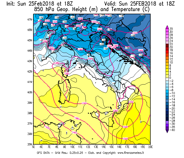 Mappa di analisi GFS - Geopotenziale [m] e Temperatura [°C] a 850 hPa in Italia
									del 25/02/2018 18 <!--googleoff: index-->UTC<!--googleon: index-->