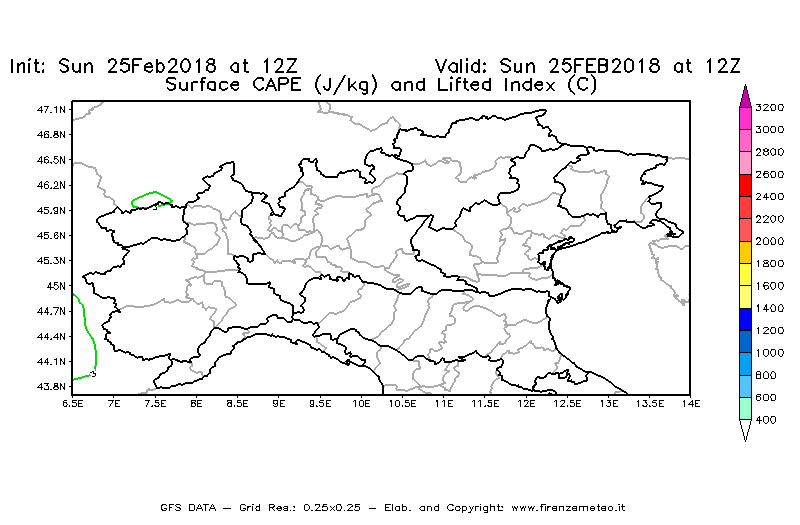 Mappa di analisi GFS - CAPE [J/kg] e Lifted Index [°C] in Nord-Italia
									del 25/02/2018 12 <!--googleoff: index-->UTC<!--googleon: index-->