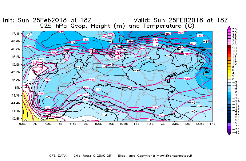 Mappa di analisi GFS - Geopotenziale [m] e Temperatura [°C] a 925 hPa in Nord-Italia
									del 25/02/2018 18 <!--googleoff: index-->UTC<!--googleon: index-->