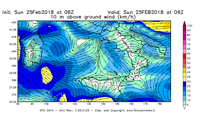 Mappa di analisi GFS - Velocità del vento a 10 metri dal suolo [km/h] in Sud-Italia
									del 25/02/2018 06 <!--googleoff: index-->UTC<!--googleon: index-->