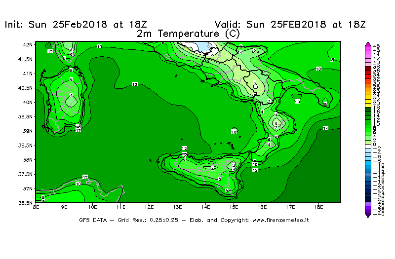 Mappa di analisi GFS - Temperatura a 2 metri dal suolo [°C] in Sud-Italia
									del 25/02/2018 18 <!--googleoff: index-->UTC<!--googleon: index-->