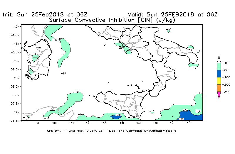 Mappa di analisi GFS - CIN [J/kg] in Sud-Italia
									del 25/02/2018 06 <!--googleoff: index-->UTC<!--googleon: index-->
