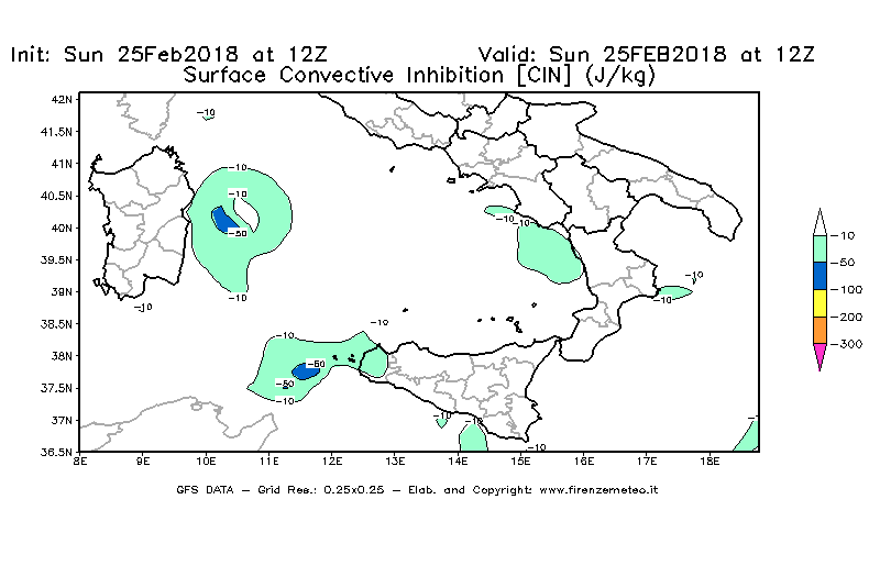 Mappa di analisi GFS - CIN [J/kg] in Sud-Italia
									del 25/02/2018 12 <!--googleoff: index-->UTC<!--googleon: index-->