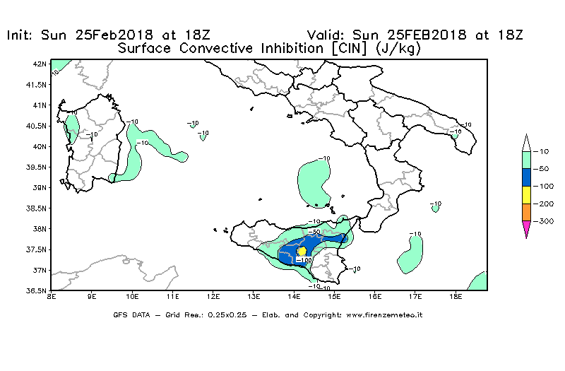 Mappa di analisi GFS - CIN [J/kg] in Sud-Italia
									del 25/02/2018 18 <!--googleoff: index-->UTC<!--googleon: index-->