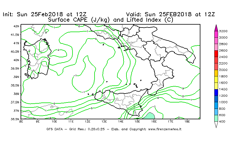 Mappa di analisi GFS - CAPE [J/kg] e Lifted Index [°C] in Sud-Italia
									del 25/02/2018 12 <!--googleoff: index-->UTC<!--googleon: index-->