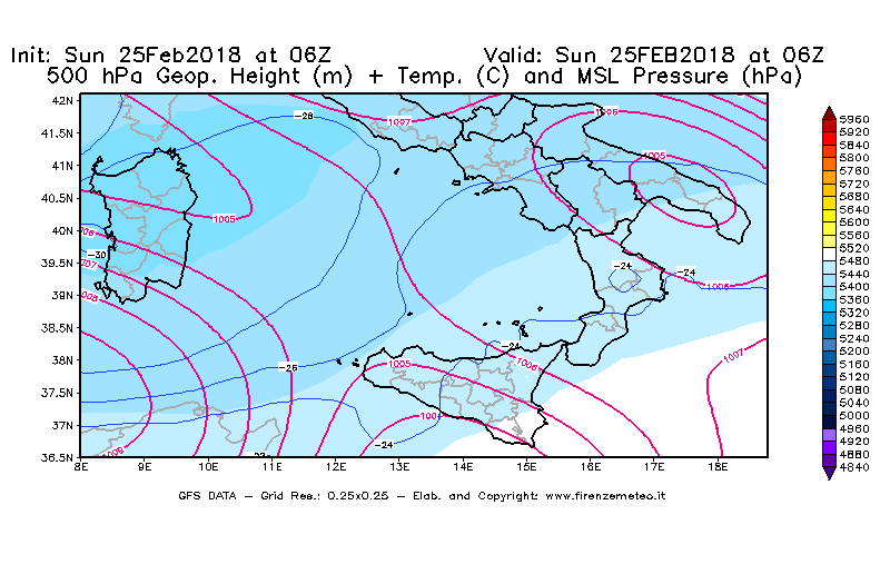 Mappa di analisi GFS - Geopotenziale [m] + Temp. [°C] a 500 hPa + Press. a livello del mare [hPa] in Sud-Italia
									del 25/02/2018 06 <!--googleoff: index-->UTC<!--googleon: index-->
