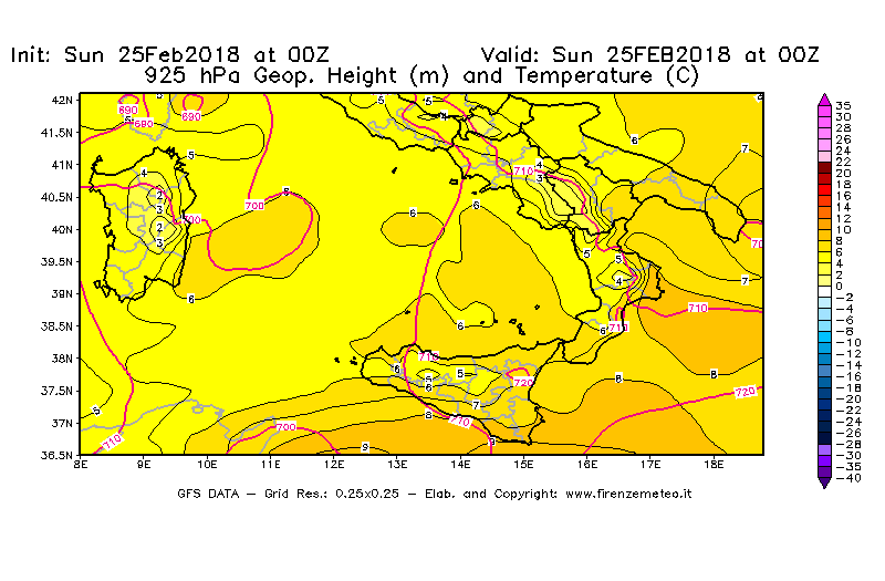 Mappa di analisi GFS - Geopotenziale [m] e Temperatura [°C] a 925 hPa in Sud-Italia
									del 25/02/2018 00 <!--googleoff: index-->UTC<!--googleon: index-->