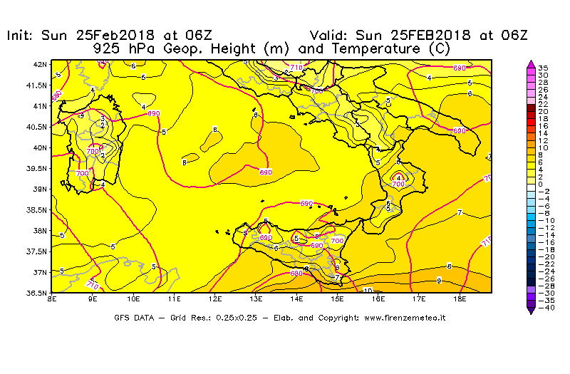 Mappa di analisi GFS - Geopotenziale [m] e Temperatura [°C] a 925 hPa in Sud-Italia
									del 25/02/2018 06 <!--googleoff: index-->UTC<!--googleon: index-->