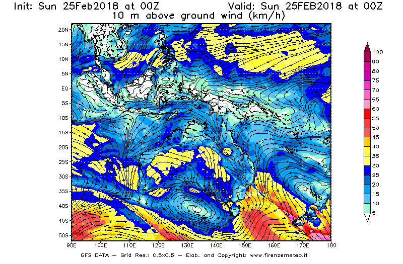 Mappa di analisi GFS - Velocità del vento a 10 metri dal suolo [km/h] in Oceania
									del 25/02/2018 00 <!--googleoff: index-->UTC<!--googleon: index-->