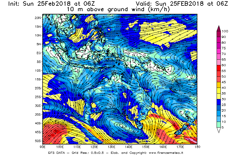 Mappa di analisi GFS - Velocità del vento a 10 metri dal suolo [km/h] in Oceania
									del 25/02/2018 06 <!--googleoff: index-->UTC<!--googleon: index-->