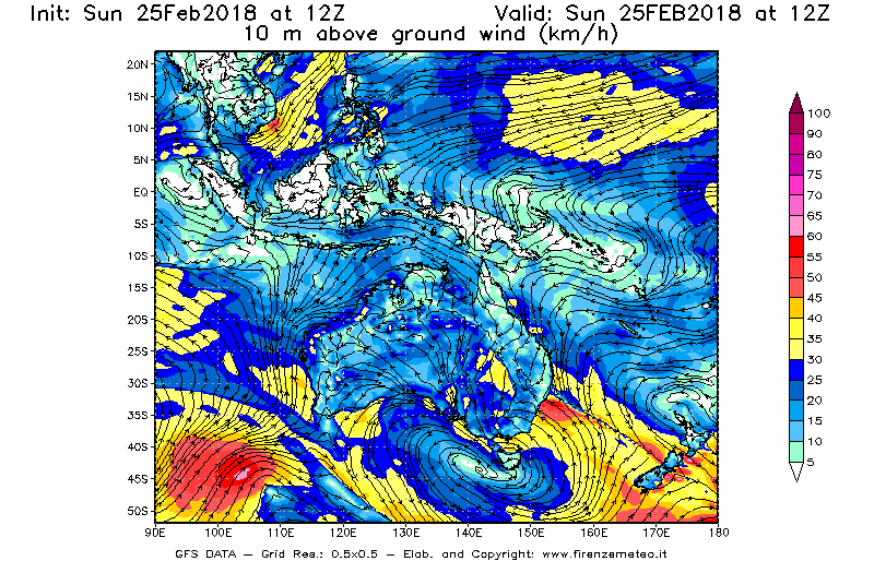 Mappa di analisi GFS - Velocità del vento a 10 metri dal suolo [km/h] in Oceania
									del 25/02/2018 12 <!--googleoff: index-->UTC<!--googleon: index-->