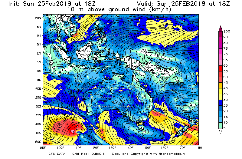 Mappa di analisi GFS - Velocità del vento a 10 metri dal suolo [km/h] in Oceania
									del 25/02/2018 18 <!--googleoff: index-->UTC<!--googleon: index-->