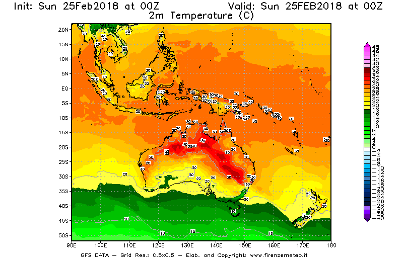 Mappa di analisi GFS - Temperatura a 2 metri dal suolo [°C] in Oceania
									del 25/02/2018 00 <!--googleoff: index-->UTC<!--googleon: index-->