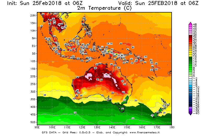 Mappa di analisi GFS - Temperatura a 2 metri dal suolo [°C] in Oceania
									del 25/02/2018 06 <!--googleoff: index-->UTC<!--googleon: index-->