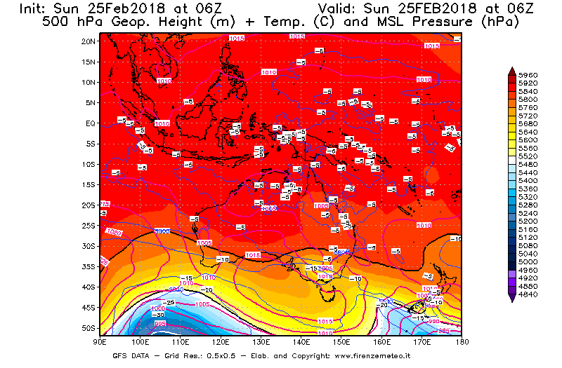 Mappa di analisi GFS - Geopotenziale [m] + Temp. [°C] a 500 hPa + Press. a livello del mare [hPa] in Oceania
									del 25/02/2018 06 <!--googleoff: index-->UTC<!--googleon: index-->