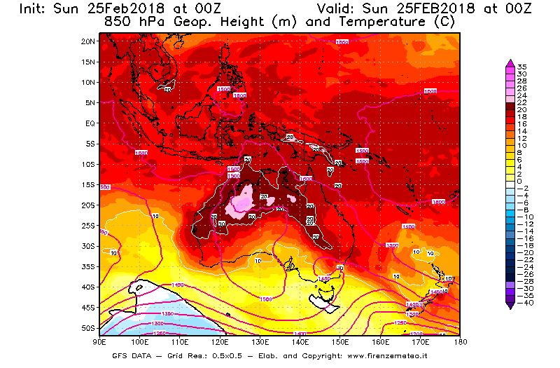 Mappa di analisi GFS - Geopotenziale [m] e Temperatura [°C] a 850 hPa in Oceania
									del 25/02/2018 00 <!--googleoff: index-->UTC<!--googleon: index-->