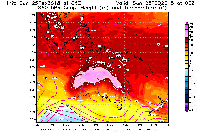 Mappa di analisi GFS - Geopotenziale [m] e Temperatura [°C] a 850 hPa in Oceania
									del 25/02/2018 06 <!--googleoff: index-->UTC<!--googleon: index-->