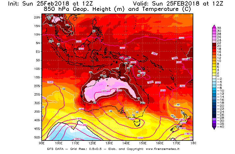 Mappa di analisi GFS - Geopotenziale [m] e Temperatura [°C] a 850 hPa in Oceania
									del 25/02/2018 12 <!--googleoff: index-->UTC<!--googleon: index-->