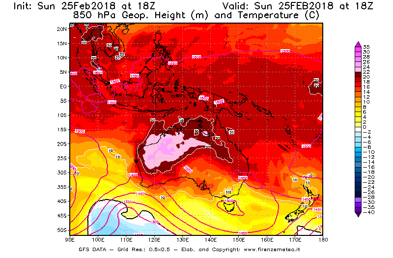 Mappa di analisi GFS - Geopotenziale [m] e Temperatura [°C] a 850 hPa in Oceania
									del 25/02/2018 18 <!--googleoff: index-->UTC<!--googleon: index-->