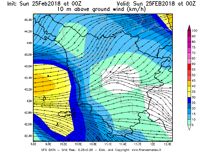 Mappa di analisi GFS - Velocità del vento a 10 metri dal suolo [km/h] in Toscana
									del 25/02/2018 00 <!--googleoff: index-->UTC<!--googleon: index-->