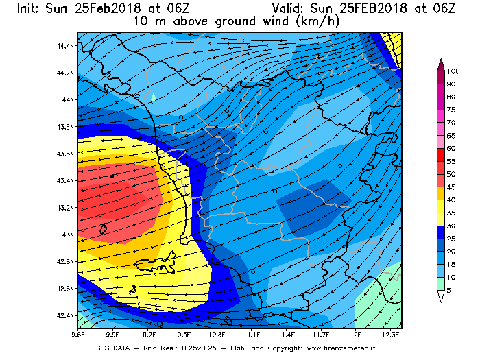 Mappa di analisi GFS - Velocità del vento a 10 metri dal suolo [km/h] in Toscana
									del 25/02/2018 06 <!--googleoff: index-->UTC<!--googleon: index-->