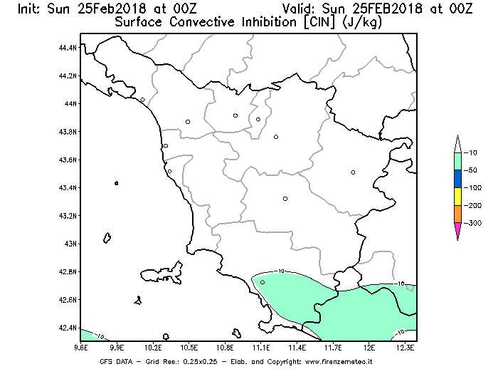 Mappa di analisi GFS - CIN [J/kg] in Toscana
									del 25/02/2018 00 <!--googleoff: index-->UTC<!--googleon: index-->