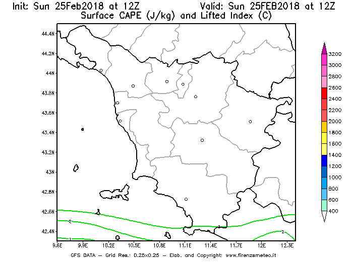 Mappa di analisi GFS - CAPE [J/kg] e Lifted Index [°C] in Toscana
									del 25/02/2018 12 <!--googleoff: index-->UTC<!--googleon: index-->