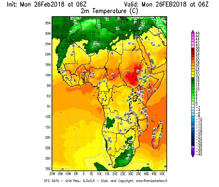Mappa di analisi GFS - Temperatura a 2 metri dal suolo [°C] in Africa
							del 26/02/2018 06 <!--googleoff: index-->UTC<!--googleon: index-->