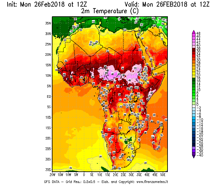 Mappa di analisi GFS - Temperatura a 2 metri dal suolo [°C] in Africa
							del 26/02/2018 12 <!--googleoff: index-->UTC<!--googleon: index-->