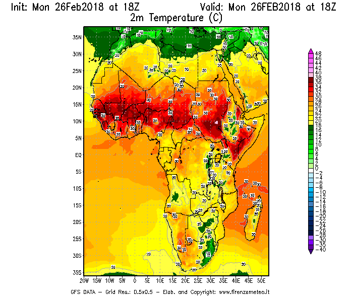 Mappa di analisi GFS - Temperatura a 2 metri dal suolo [°C] in Africa
							del 26/02/2018 18 <!--googleoff: index-->UTC<!--googleon: index-->