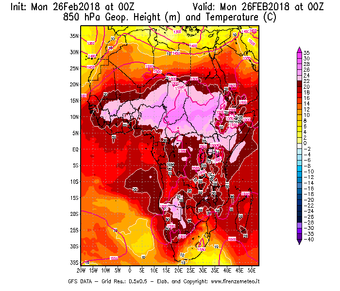 Mappa di analisi GFS - Geopotenziale [m] e Temperatura [°C] a 850 hPa in Africa
							del 26/02/2018 00 <!--googleoff: index-->UTC<!--googleon: index-->