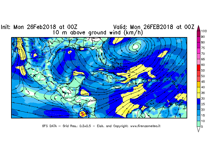 Mappa di analisi GFS - Velocità del vento a 10 metri dal suolo [km/h] in Centro-America
							del 26/02/2018 00 <!--googleoff: index-->UTC<!--googleon: index-->