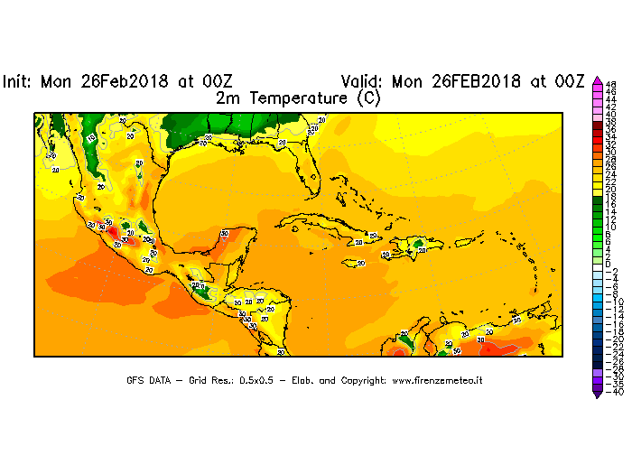 Mappa di analisi GFS - Temperatura a 2 metri dal suolo [°C] in Centro-America
							del 26/02/2018 00 <!--googleoff: index-->UTC<!--googleon: index-->