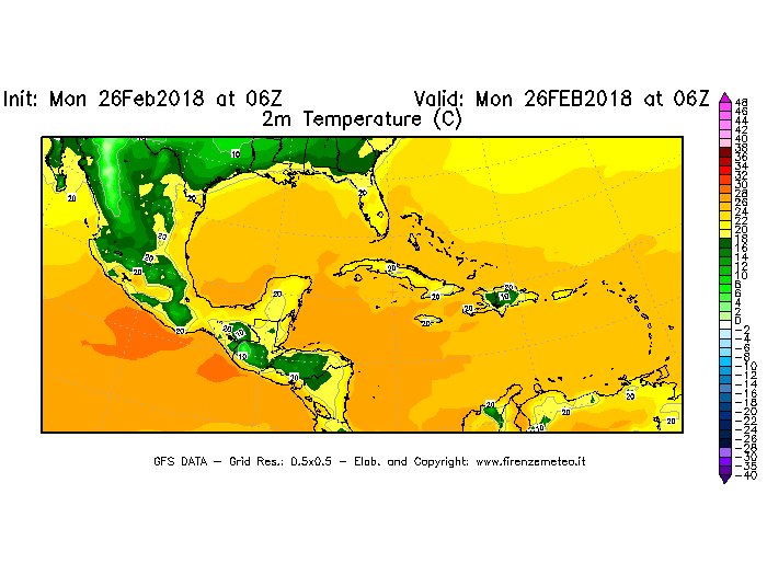 Mappa di analisi GFS - Temperatura a 2 metri dal suolo [°C] in Centro-America
							del 26/02/2018 06 <!--googleoff: index-->UTC<!--googleon: index-->