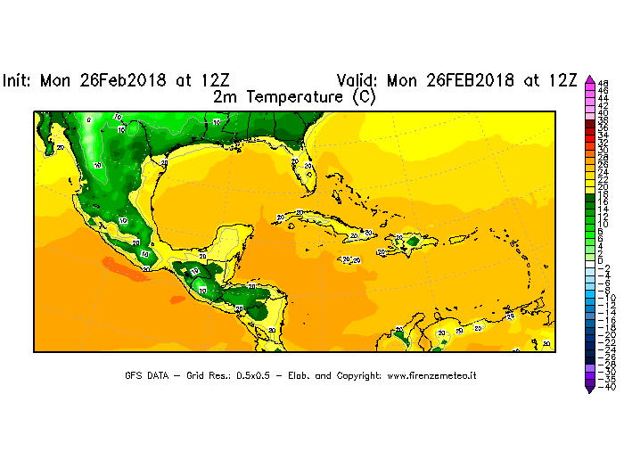 Mappa di analisi GFS - Temperatura a 2 metri dal suolo [°C] in Centro-America
							del 26/02/2018 12 <!--googleoff: index-->UTC<!--googleon: index-->