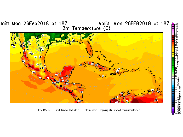 Mappa di analisi GFS - Temperatura a 2 metri dal suolo [°C] in Centro-America
							del 26/02/2018 18 <!--googleoff: index-->UTC<!--googleon: index-->