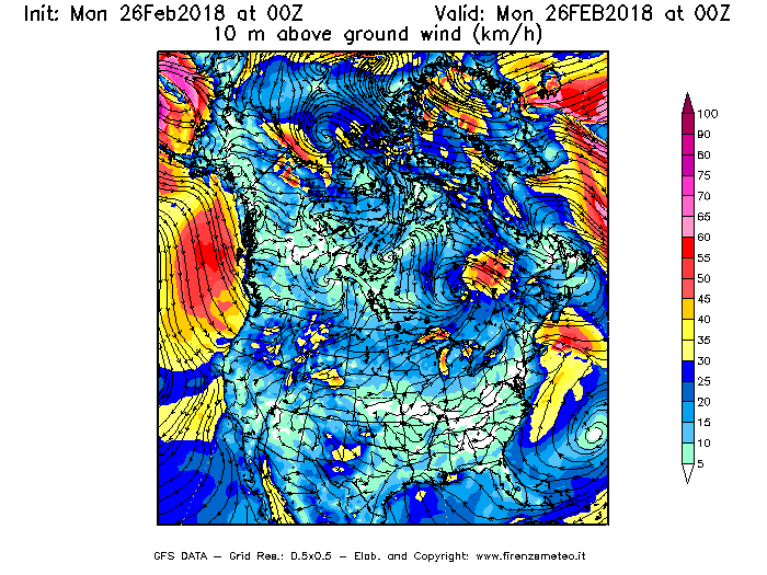 Mappa di analisi GFS - Velocità del vento a 10 metri dal suolo [km/h] in Nord-America
							del 26/02/2018 00 <!--googleoff: index-->UTC<!--googleon: index-->