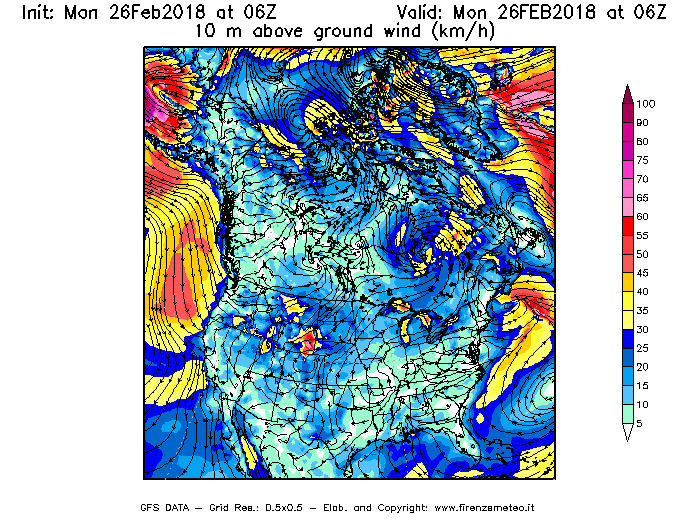 Mappa di analisi GFS - Velocità del vento a 10 metri dal suolo [km/h] in Nord-America
							del 26/02/2018 06 <!--googleoff: index-->UTC<!--googleon: index-->