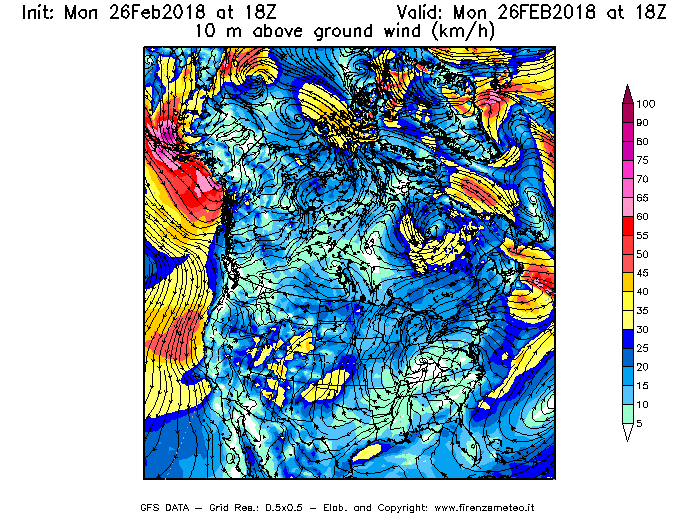 Mappa di analisi GFS - Velocità del vento a 10 metri dal suolo [km/h] in Nord-America
							del 26/02/2018 18 <!--googleoff: index-->UTC<!--googleon: index-->