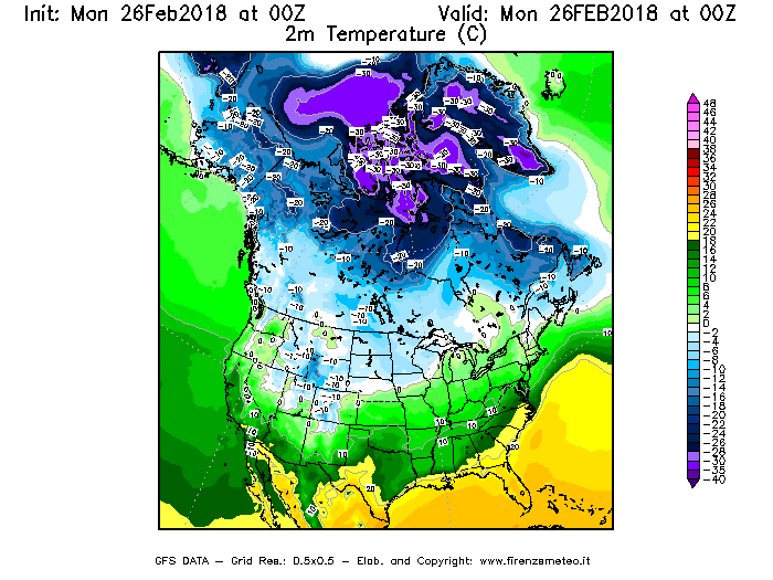 Mappa di analisi GFS - Temperatura a 2 metri dal suolo [°C] in Nord-America
							del 26/02/2018 00 <!--googleoff: index-->UTC<!--googleon: index-->