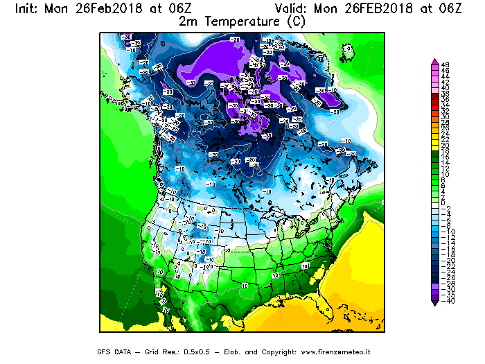 Mappa di analisi GFS - Temperatura a 2 metri dal suolo [°C] in Nord-America
							del 26/02/2018 06 <!--googleoff: index-->UTC<!--googleon: index-->