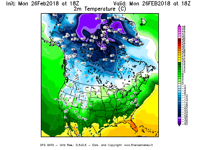 Mappa di analisi GFS - Temperatura a 2 metri dal suolo [°C] in Nord-America
							del 26/02/2018 18 <!--googleoff: index-->UTC<!--googleon: index-->