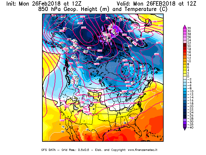 Mappa di analisi GFS - Geopotenziale [m] e Temperatura [°C] a 850 hPa in Nord-America
							del 26/02/2018 12 <!--googleoff: index-->UTC<!--googleon: index-->