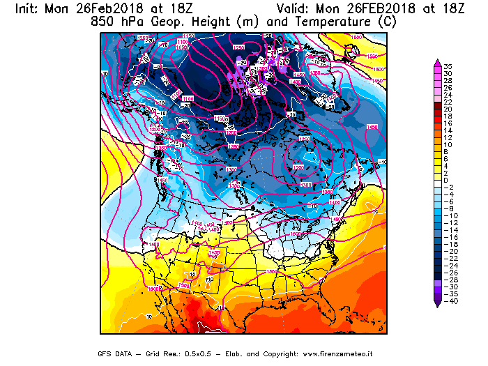 Mappa di analisi GFS - Geopotenziale [m] e Temperatura [°C] a 850 hPa in Nord-America
							del 26/02/2018 18 <!--googleoff: index-->UTC<!--googleon: index-->